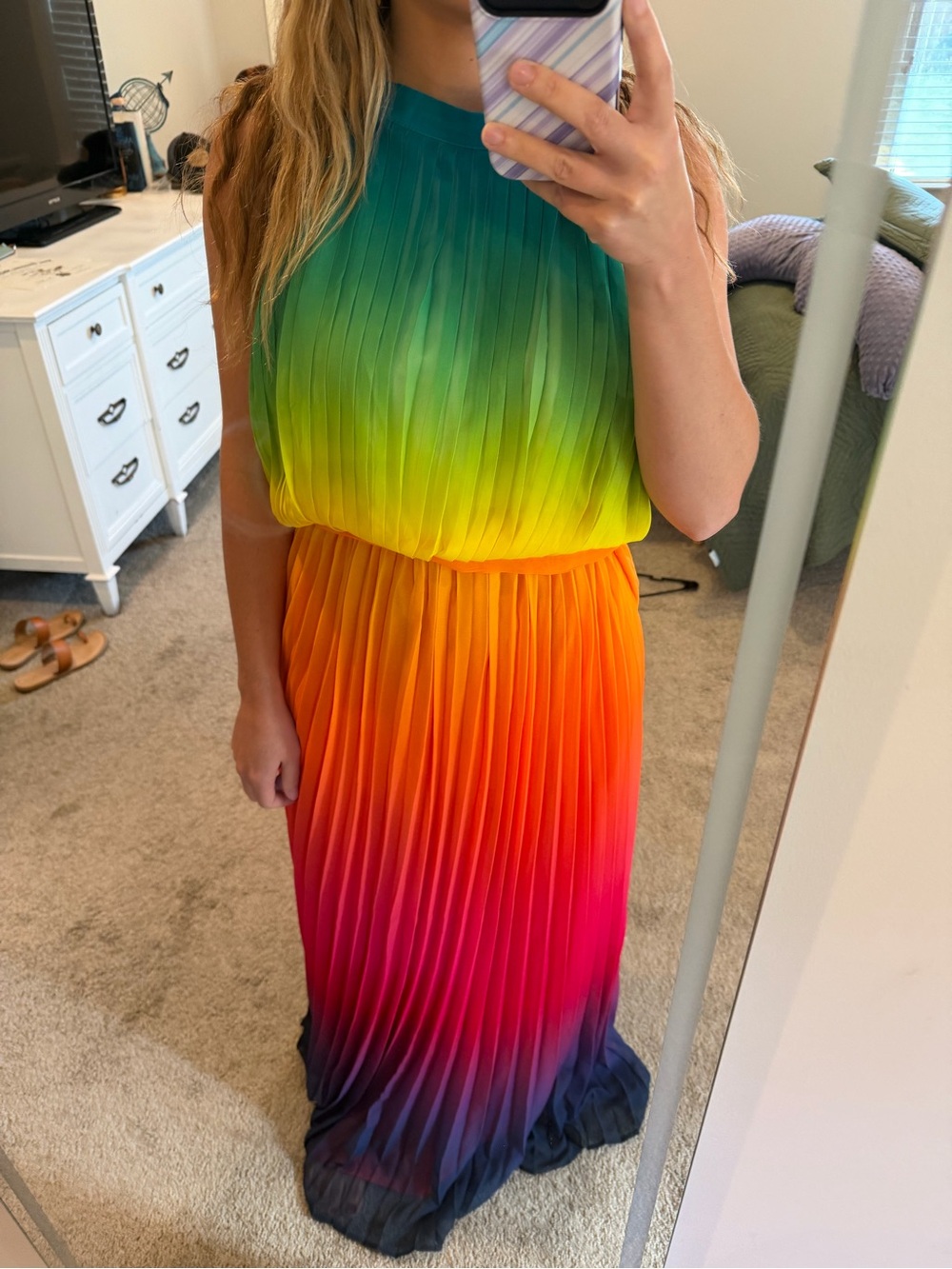 Sleeveless Ombre Pleated Maxi Dress in Green, Yellow & Navy